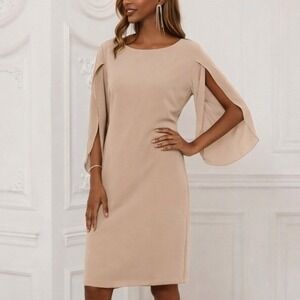 GRACE KARIN Chiffon Flutter Sleeve Nude Beige Party Wedding Cocktail Dress M